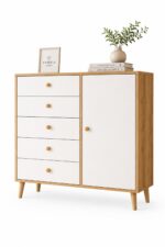 Kardelahome Kardela Premium Mdf Şifonyer 5 Çekmeceli Kapaklı Dolaplı Beyaz Atlantik Çam - Görsel 6