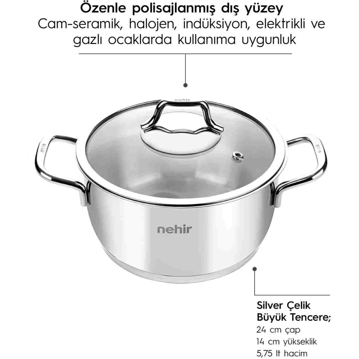 Nehir Silver Klasik 8 Parça Paslanmaz Çelik Tencere Seti - Görsel 15