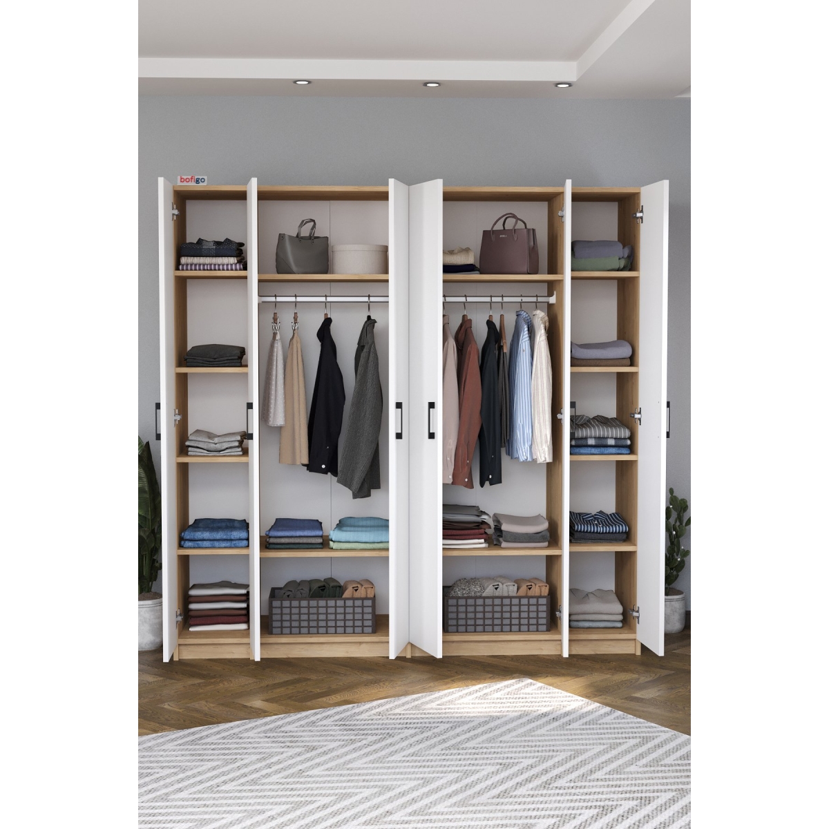 Bofigo 6 Kapaklı 16 Raflı Gardırop Elbise Dolabı 6 Kapaklı Gardırop Smyrna Safir Meşe Beyaz - Görsel 4