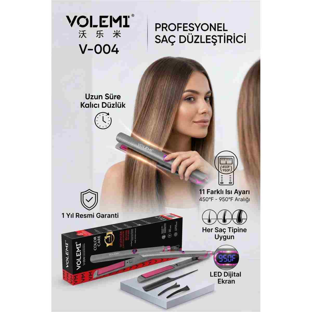 VOLEMİ Vm-004 Profesyonel Seramik Dar Plakalı Saç Düzleştirici Hızlı Isınma Dijital LED Ekran - Görsel 4