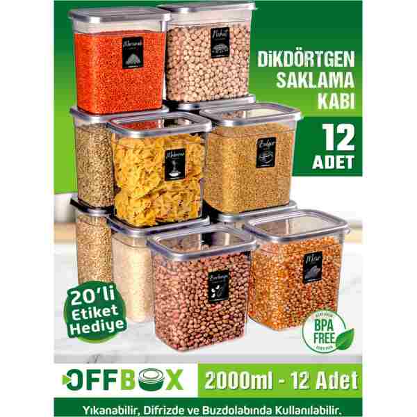 OFFBOX 12 Adet 24 Parça 2 Litre Dikdörtgen Erzak Bakliyat Saklama Kabı Seti 20 Etiket Hediyeli
