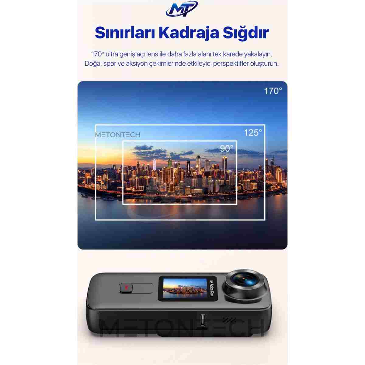 METONTECH 5K Ultra HD Aksiyon Kamerası | Zengin Kutu İçeriği, 170° Geniş Açılı Lens, Wi-Fi, Çift Ekranlı, Taşınabilir, Uzaktan Kumanda, Su Geçirmez Kılıf | Siyah - Görsel 6