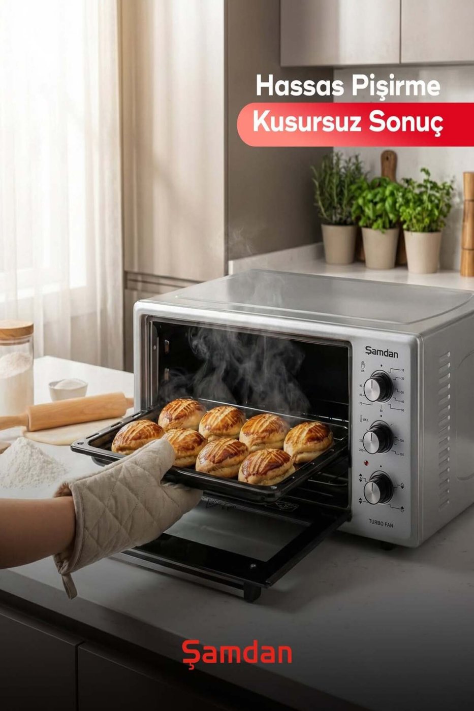 Şamdan Lüks Mini Turbo Fırın – 48 Lt İç Aydınlatmalı, Termostatlı