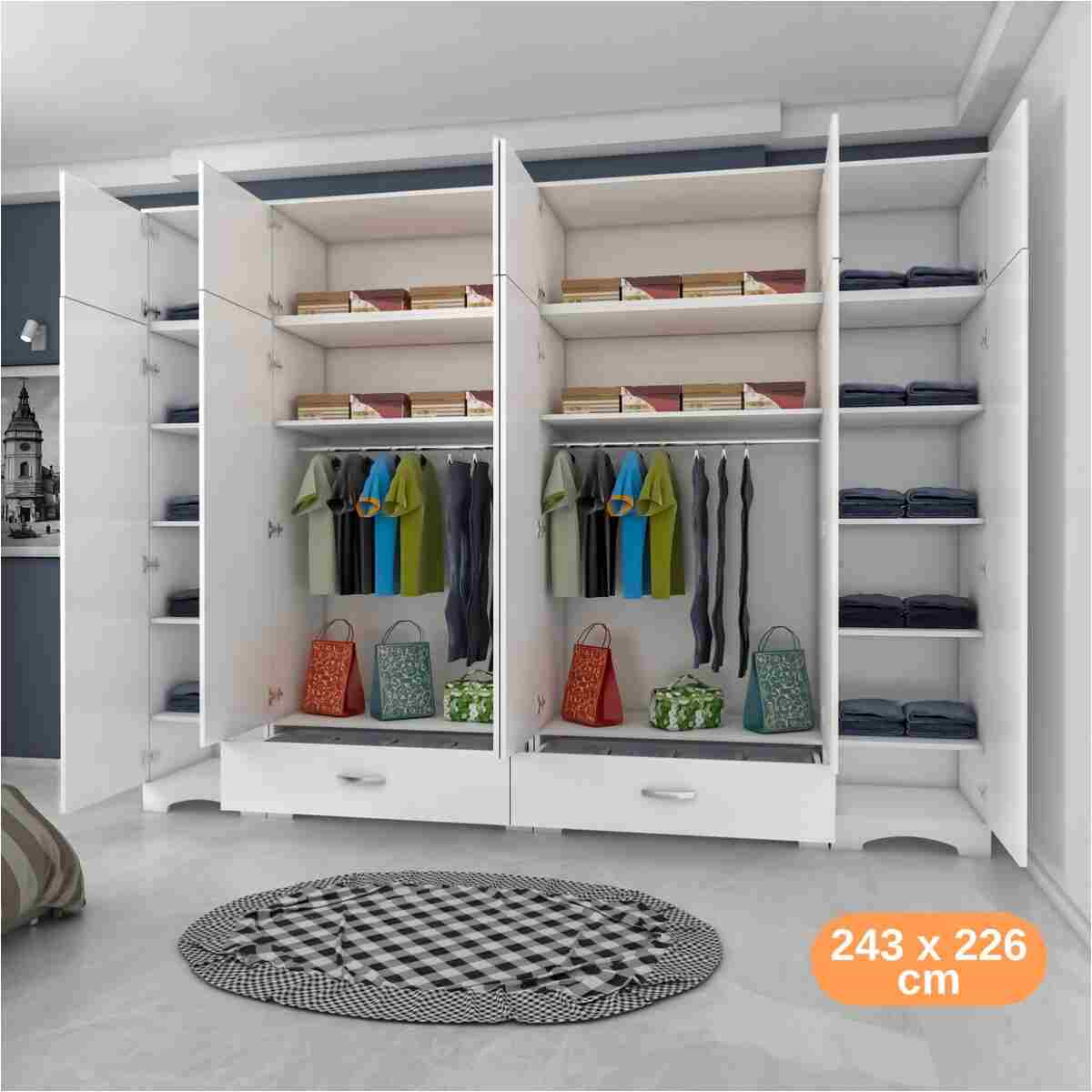 Rani Mobilya Rani Ba133 Geniş Gardırop Elbise Dolabı 12 Kapaklı 2 Çekmeceli 16 Raflı 2 Askılı Beyaz - Görsel 3