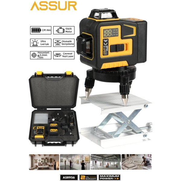 ASSUR PLUS ASSUR 360° 12 Köşe Otomatik Hizalamalı Yeşil Çizgili Su Terazili Lazer Metre Hizalama