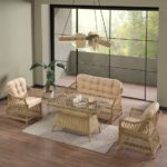 Evdemo Icon Rattan Bahçe Balkon Oturma Takımı 2+1+1+Camlı Masa Cappuccino
