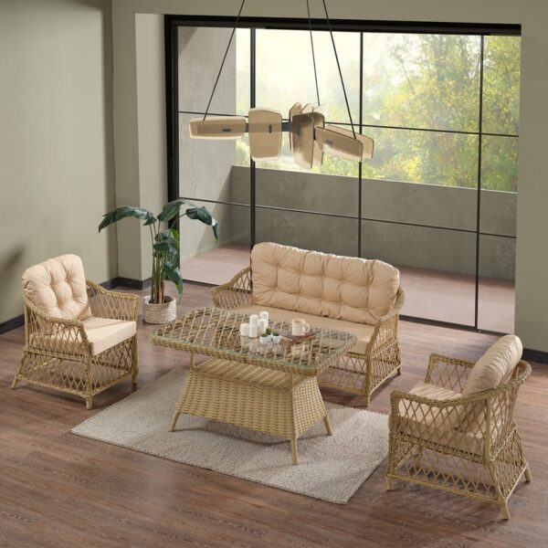 Evdemo Icon Rattan Bahçe Balkon Oturma Takımı 2+1+1+Camlı Masa Cappuccino