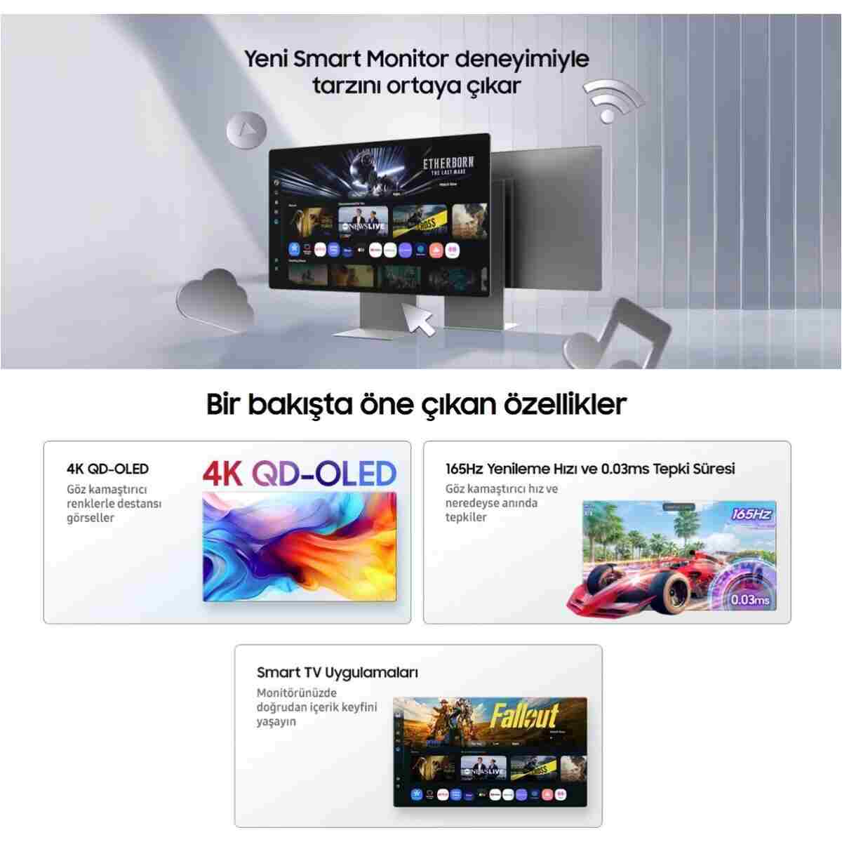 Samsung 32 inç QD-OLED Smart Monitör TV, 4K çözünürlük, 165Hz hız, 0.03ms tepki, HDMI 2.1 ve DisplayPort bağlantı, AI akıllı görüntü, siyah tasarım, oyun ve sinema için premium ekran sunar - Görsel 2