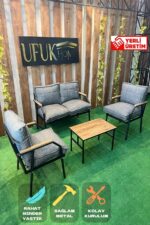 UFUK HOME Sehpalı Gri Fermuarlı Bahçe Balkon Takımı, Cafe, Salon - Metal Kanepe Koltuk Takımı