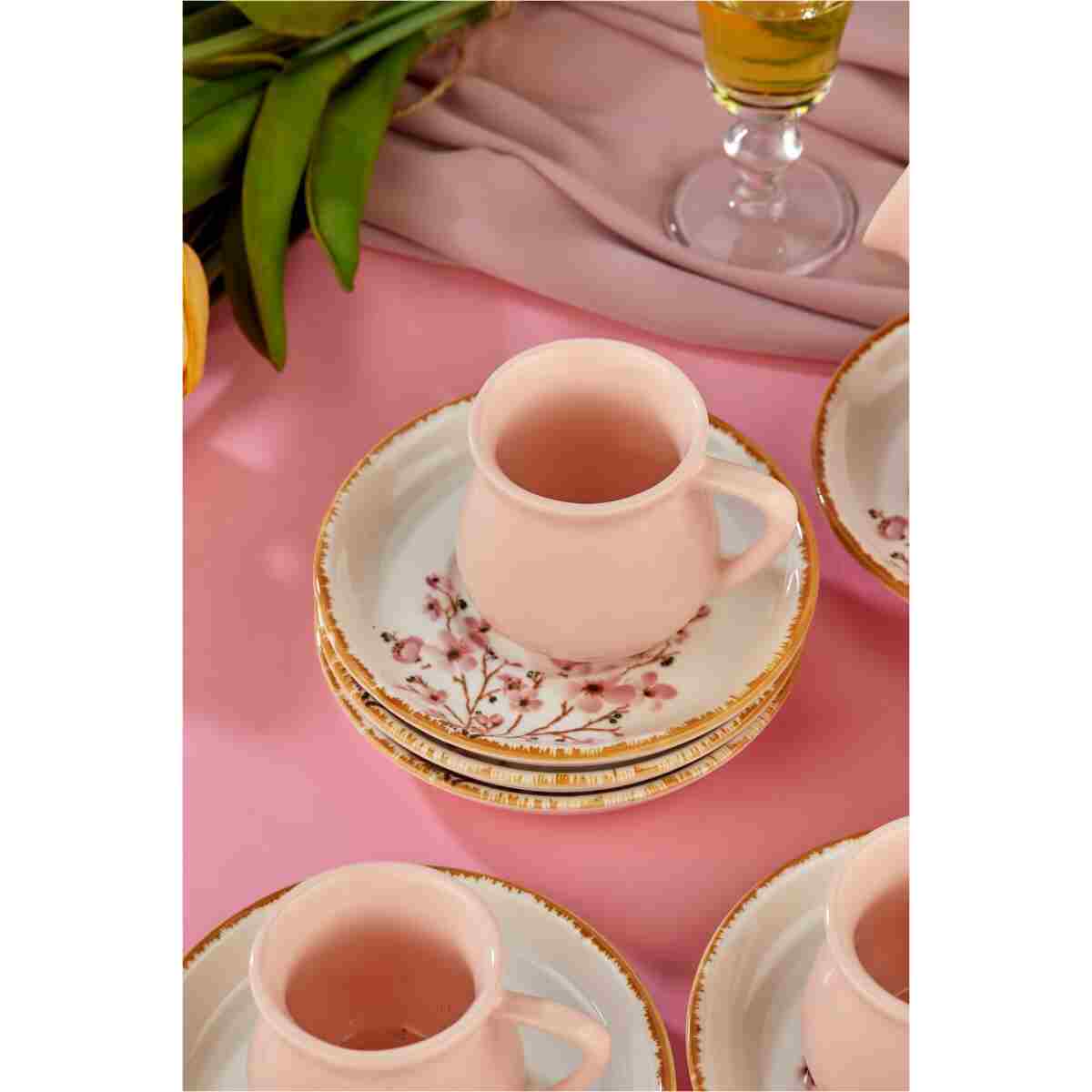 Erbaşlar Sakura Çiçeği Pembe 12 Parça Lüx Seramik Kahve Fincan Takımı ( 1 ) - Görsel 6