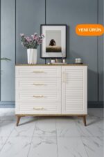 mapahomeliving Panjurlu 4 Çekmeceli 1 Kapaklı Şifonyer Modern Tasarım, MDF Kapak,Ekru Ceviz