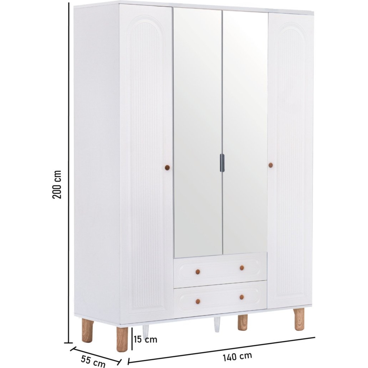 Kilim Mobilya Bohera Plus Aynalı Dört Kapaklı Dolap (MDF kapaklı, yüksek ayaklı, iki çekmeceli, 200cm yükseklikte) - Görsel 16