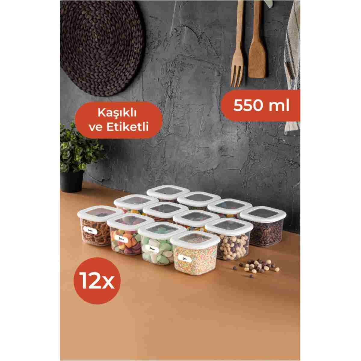 Vienev Foly 12'li Set Küçük Boy 0,55 Litre Etiketli Kaşıklı Kare Erzak Saklama Kabı Beyaz - Görsel 2