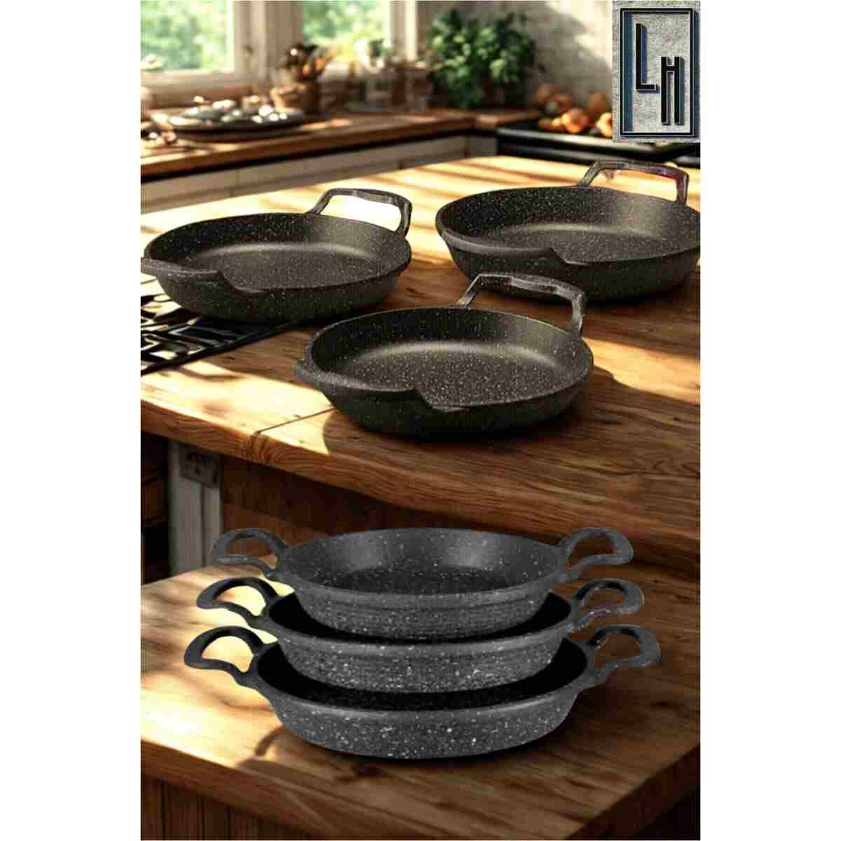 LinkaHome 3 Lü Döküm Granit Sahan Seti Tava Seti 18/20/22 Cm - Görsel 15