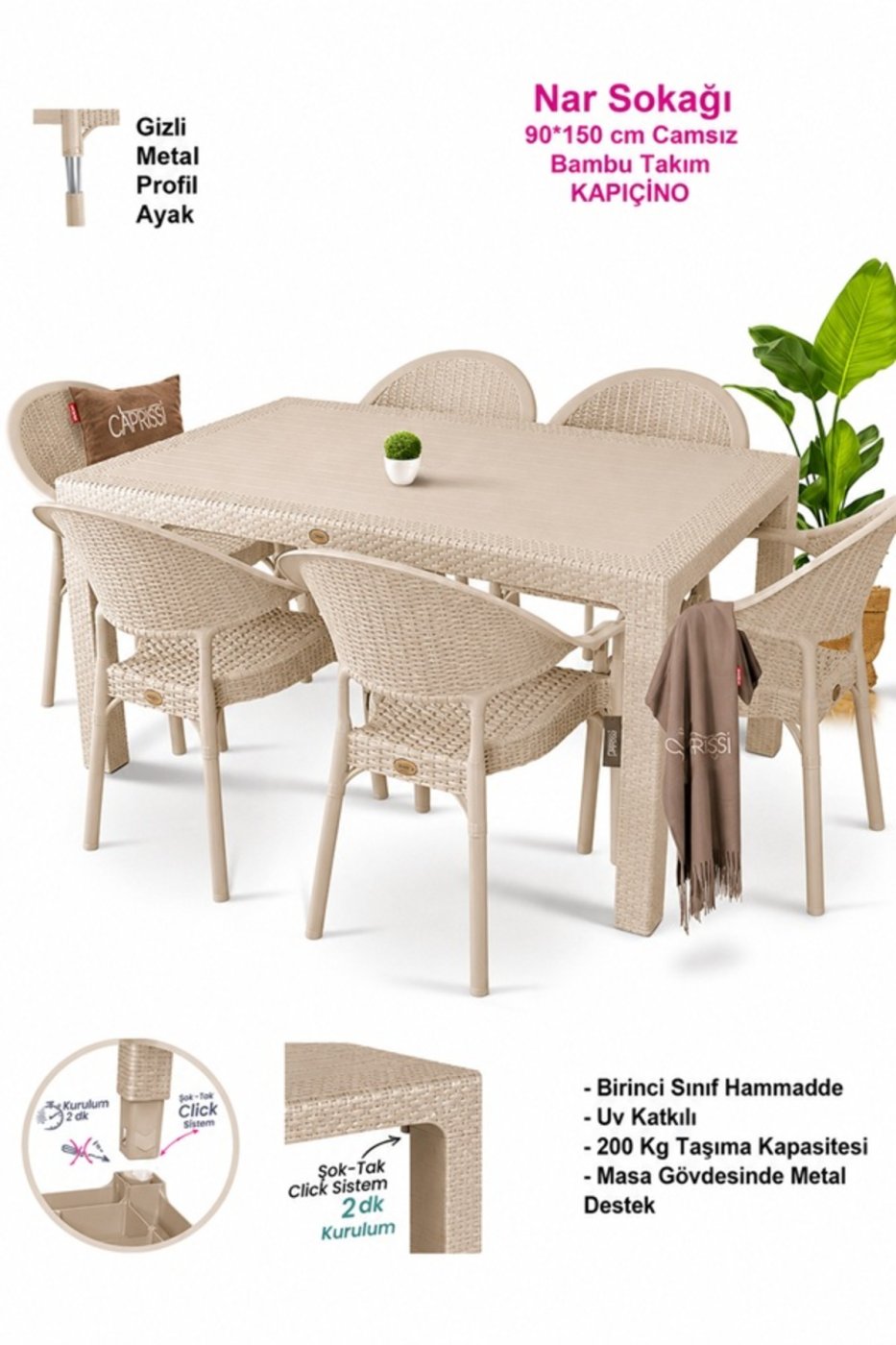 da2603ae2292c40765352177eb125c47 nar sokağı Bambu Kapiçino 90x150 Cm Camsız Rattan Bahçe Balkon Masa Takımı - Görsel 1