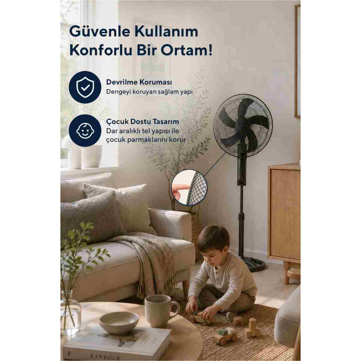 KUMTEL KTF-395 Siyah 18 İnç Ayaklı Vantilatör 60 W, 5 Pervaneli, 3 Kademeli, 145 cm Yükseklik - Görsel 5