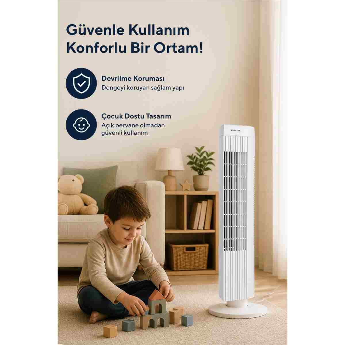 KUMTEL KTF-258W Kule Tipi Beyaz Vantilatör – 50W, Zaman Ayarlı, 3 Hız Kademeli, Sessiz Çalışma - Görsel 12