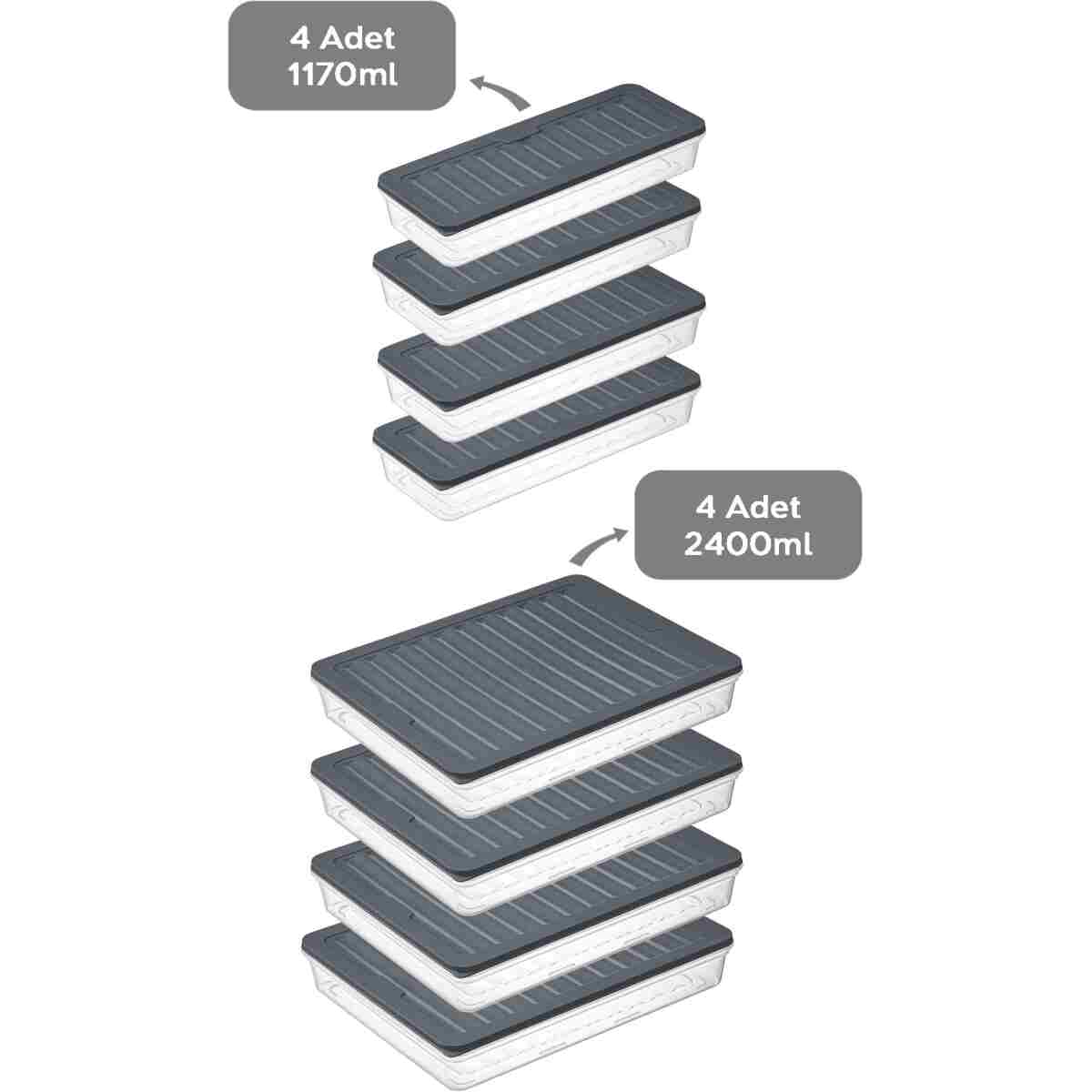 Meleni Home 8'li Saklama Kabı , Mikrodalga Uyumlu Erzak Saklama Kabı Antrasit 4x2400 Ml- 4x1170 ml - Görsel 2
