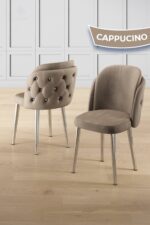 Canisa Zae Serisi 90x168 Lak Panel Beyaz Mermer Desen Krom Ayak Masa Takımı 6 Cappucino Sandalye - Görsel 4