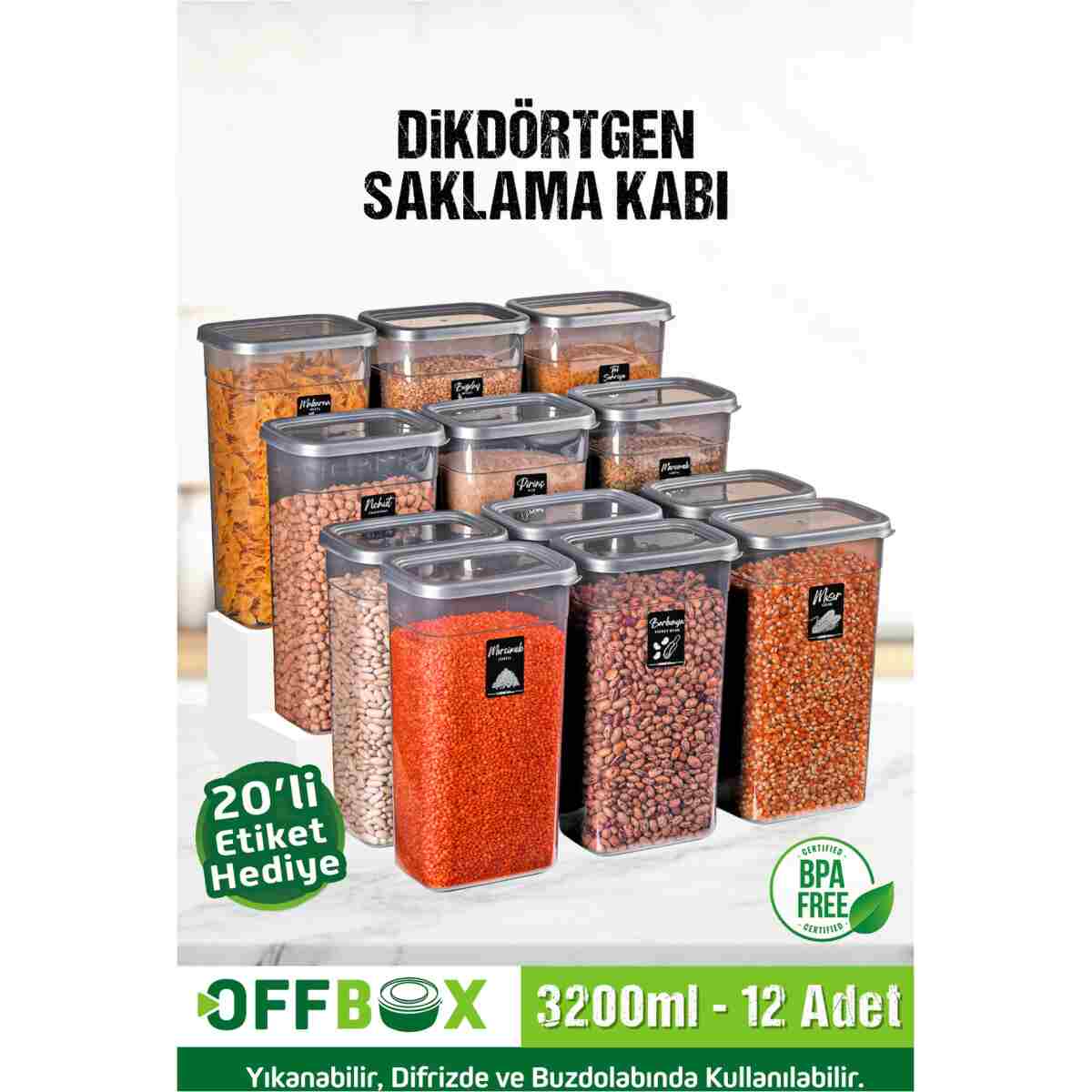 OFFBOX 12 Adet 24 Parça 3,2 Litre Mega Boy Dikdörtgen Erzak Bakliyat Saklama Kabı 20 Etiket Hediyeli - Görsel 2