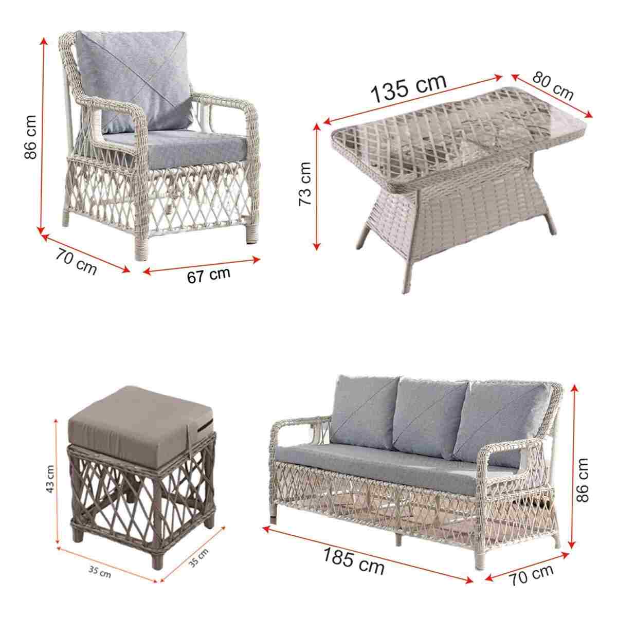 Evdemo Edra Rattan Puflu Bahçe Balkon Takımı 3+1+1+Camlı Masa Cappuccino - Görsel 8