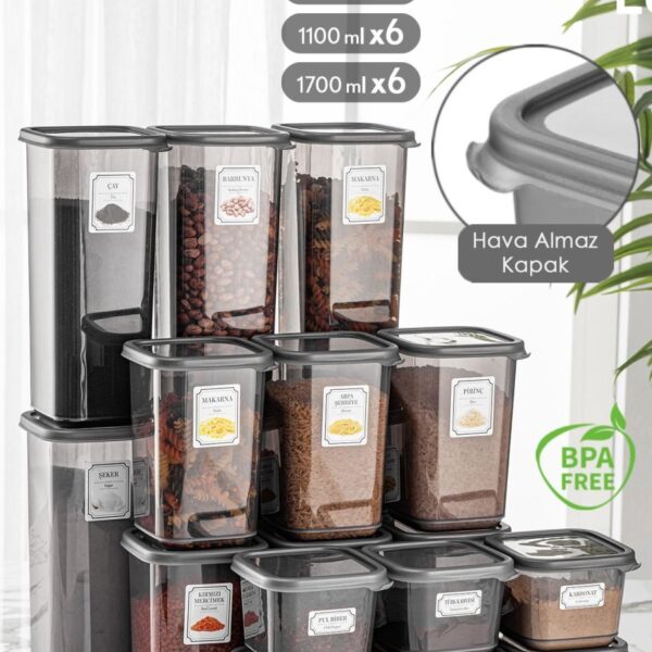 Meleni Home 18'li Set Kapaklı Kare Erzak Saklama Kabı Antrasit 6x(0,50 LT-1,10 LT -1,70 LT) Etiketli Baharatlık