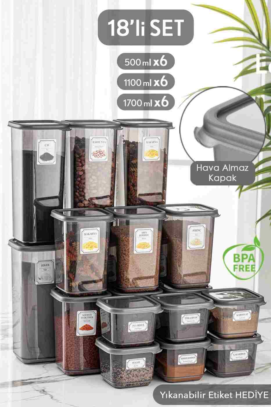 df1af39f2ce680aeae64cd2528201486 Meleni Home 18'li Set Kapaklı Kare Erzak Saklama Kabı Antrasit 6x(0,50 LT-1,10 LT -1,70 LT) Etiketli Baharatlık - Görsel 1