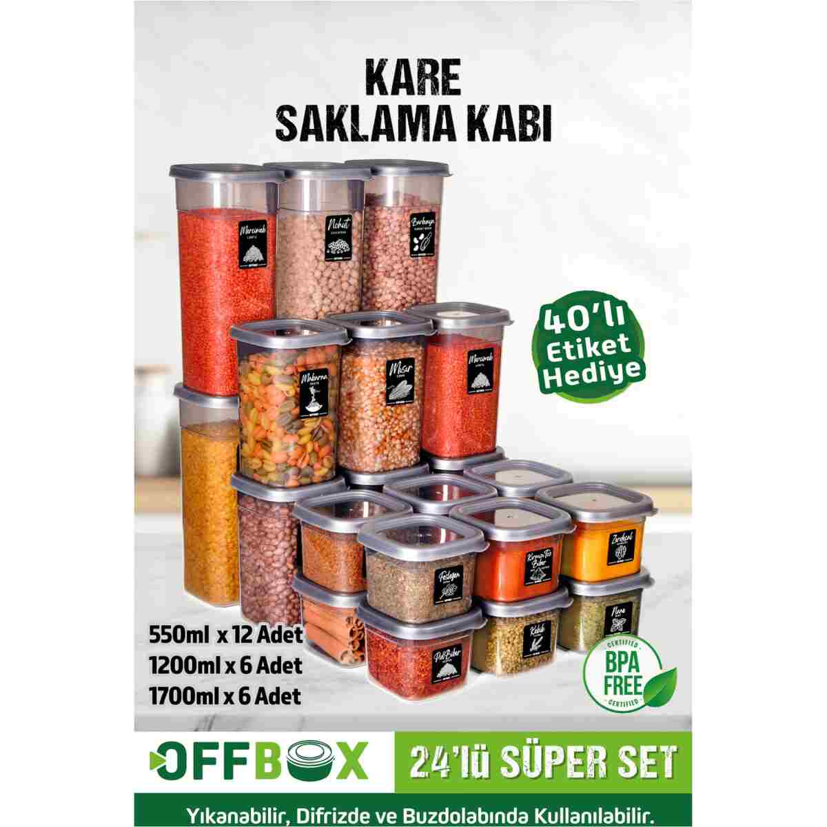OFFBOX 24 Adet 48 Parça 0,55-1,2-1,7 Litre Kare Erzak Bakliyat Saklama Kabı Seti 40 Etiket Hediyeli - Görsel 2