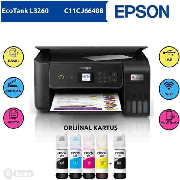 EPSON Ecotank L3260 Renkli Tanklı Yazıcı Baskı-tarama-kopya(usb,wifi)+orijinal 4x65ml+1 Mürekkep