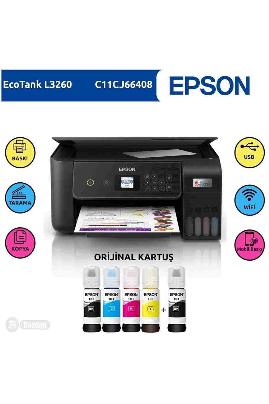 e08574da67c351a31847fd666804db26 EPSON Ecotank L3260 Renkli Tanklı Yazıcı Baskı-tarama-kopya(usb,wifi)+orijinal 4x65ml+1 Mürekkep - Görsel 1