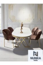 NUNKA HOME Arya Gold Line Cappuccino Serisi +6 Sandalyeli Mdf Lak Panel Beyaz Masa Takımı - Görsel 4