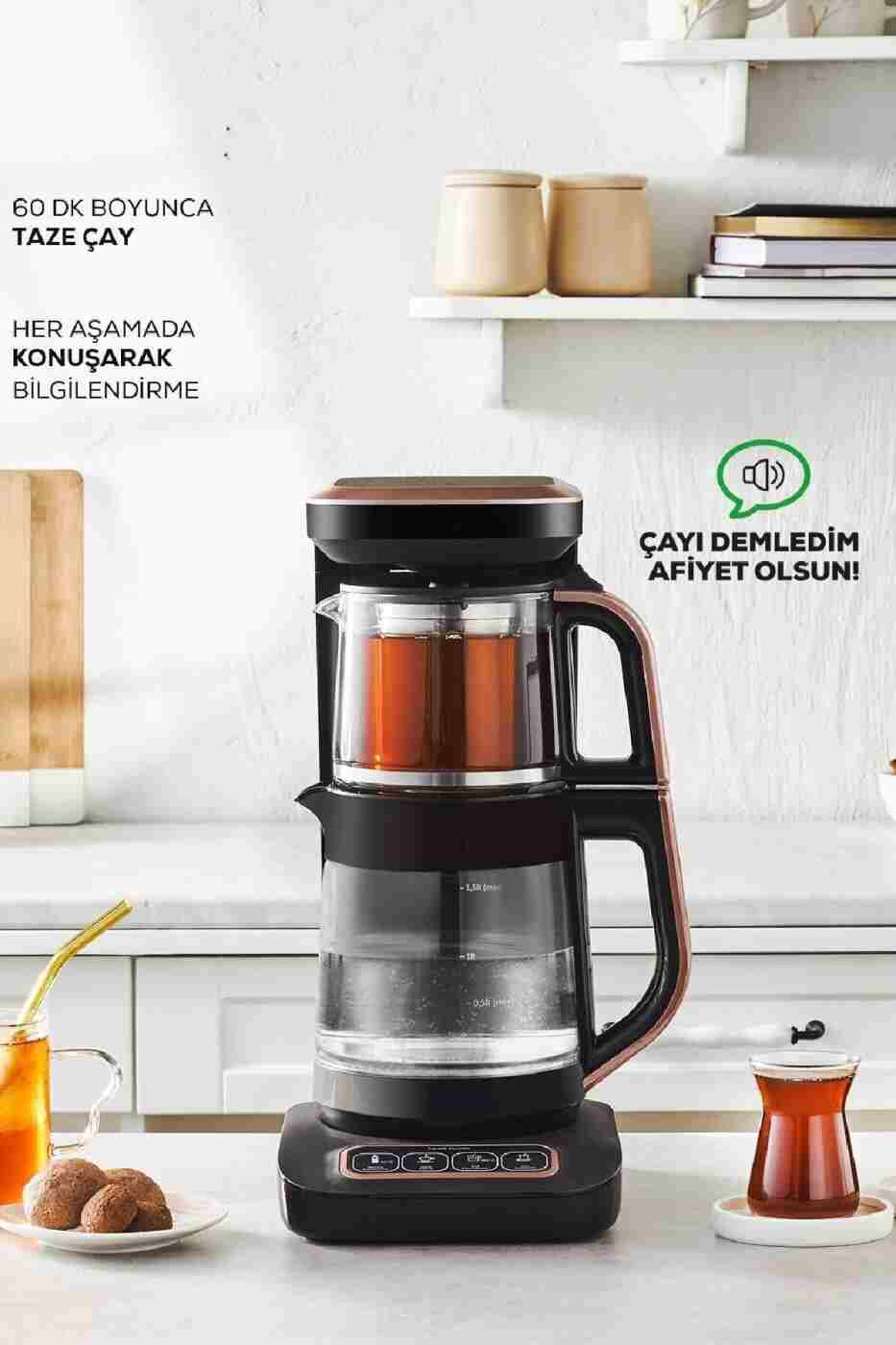 e0e73b888ebd6c8435cbc82d05be74f8 Karaca Çaysever Robotea Pro Connect 4 in 1 Konuşan Cam Çay Makinesi Rosegold - Görsel 1