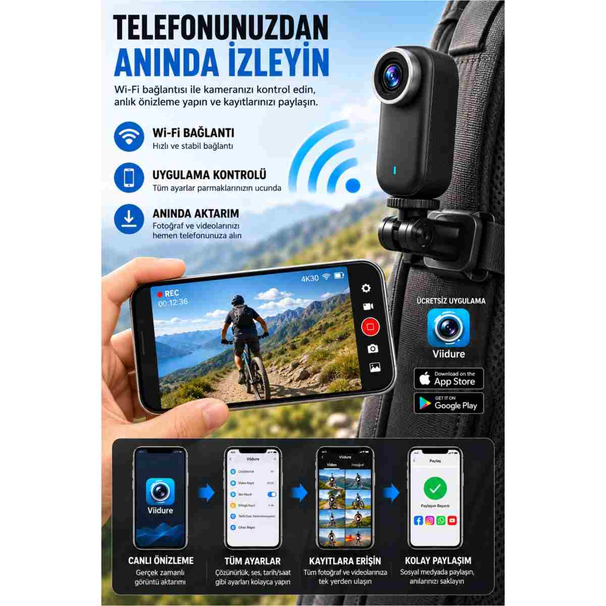 Omaze 4K UHD Mini Aksiyon Kamerası WiFi Bağlantılı Manyetik Klipsli Giyilebilir Body Cam Spor ve Vlog Kamerası - Görsel 3
