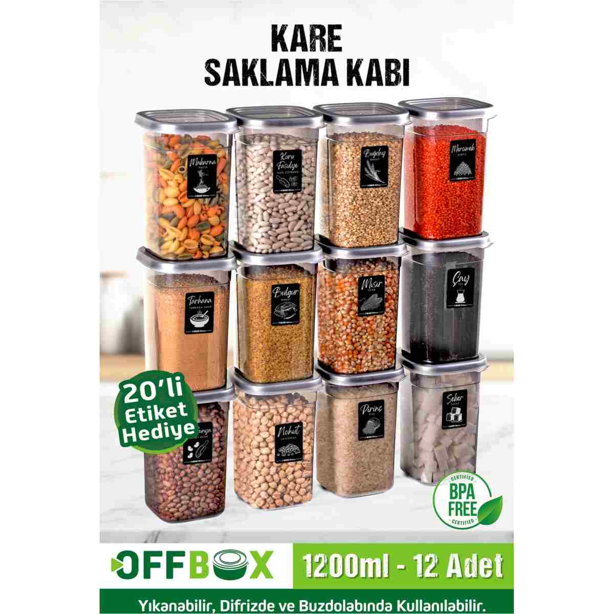 OFFBOX 12 Adet 24 Parça 1,2 Litre Kare Erzak Bakliyat Saklama Kabı Seti Baharatlık 20 Adet Etiket Hediyeli - Görsel 8