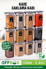 OFFBOX 12 Adet 24 Parça 1,2 Litre Kare Erzak Bakliyat Saklama Kabı Seti Baharatlık 20 Adet Etiket Hediyeli - Görsel 8