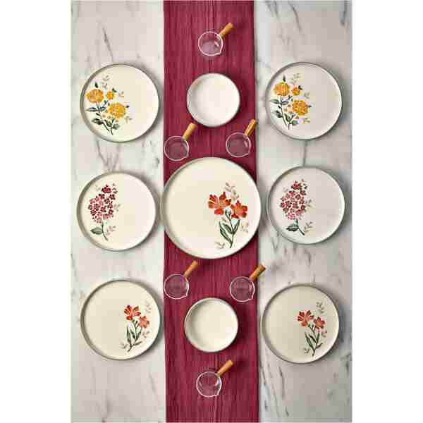 Kitchen Life 15 Parça 6 Kişilik Flowers Stackable Kahvaltı Takımı Sosluklu Çiçekli Kahvaltılık Sunum Seti Tabağı