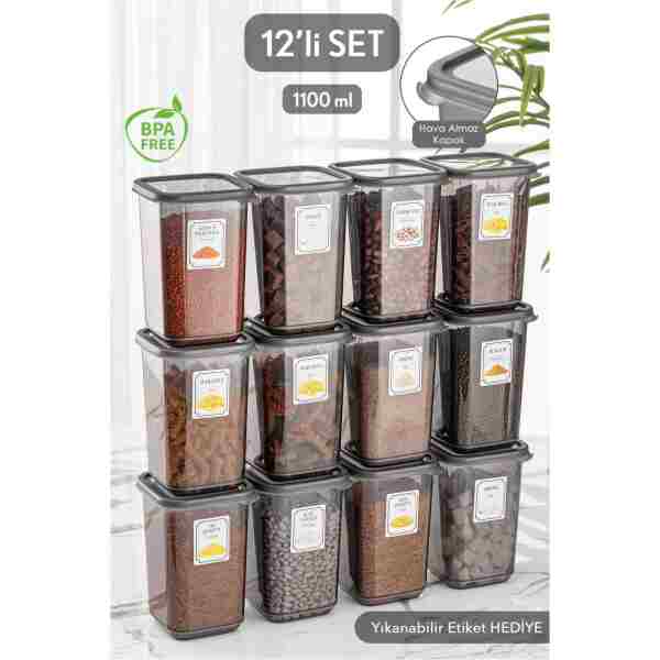 Meleni Home 12'li Set Melly Sızdırmaz Kapaklı Kare Erzak Saklama Kabı Antrasit 12 X 1.10 Lt Etiketli