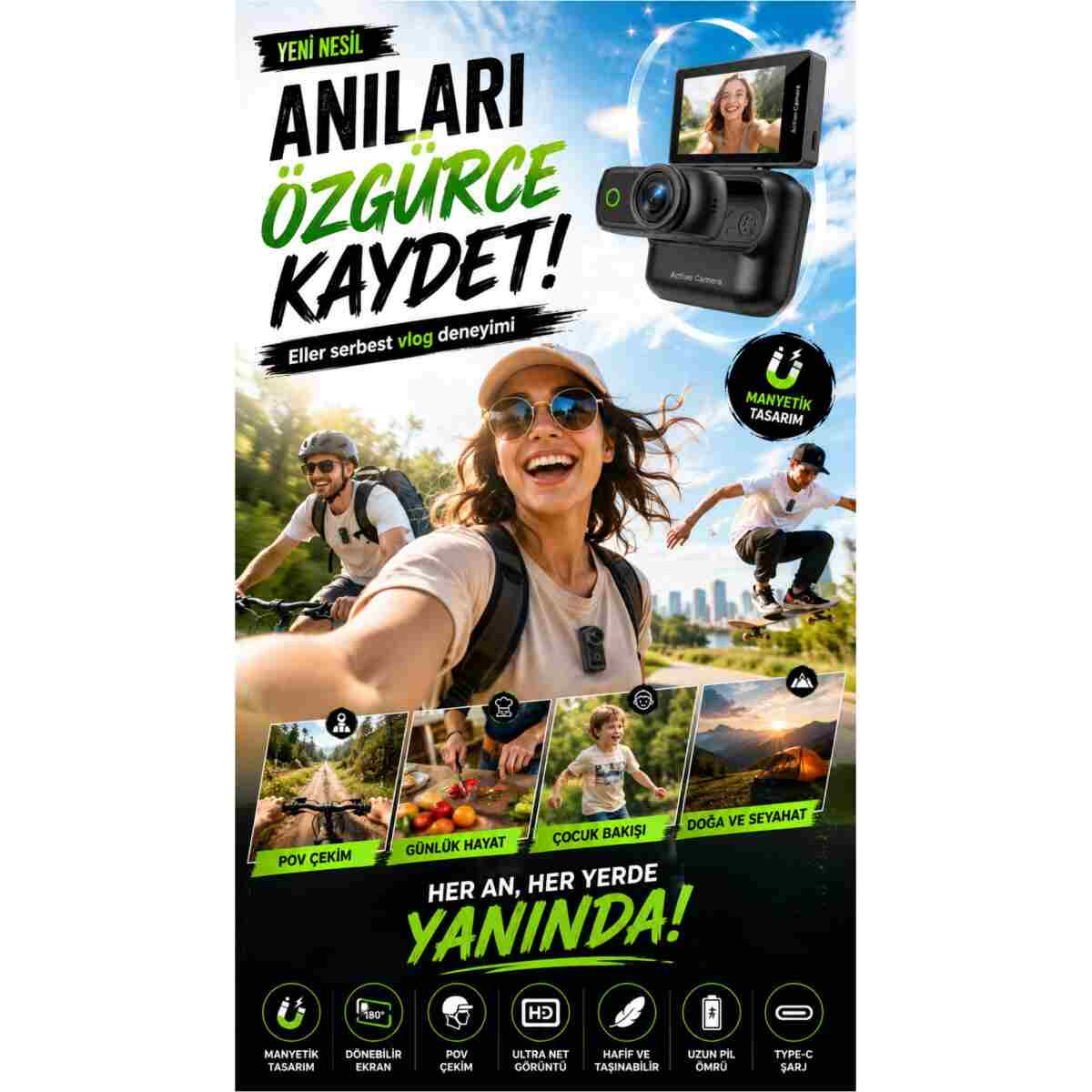 Omaze 4K Ultra HD Hareketli Ekranlı Profesyonel Aksiyon Kamerası Manyetik Tutuş Flip Ekran Full Aparat - Görsel 13