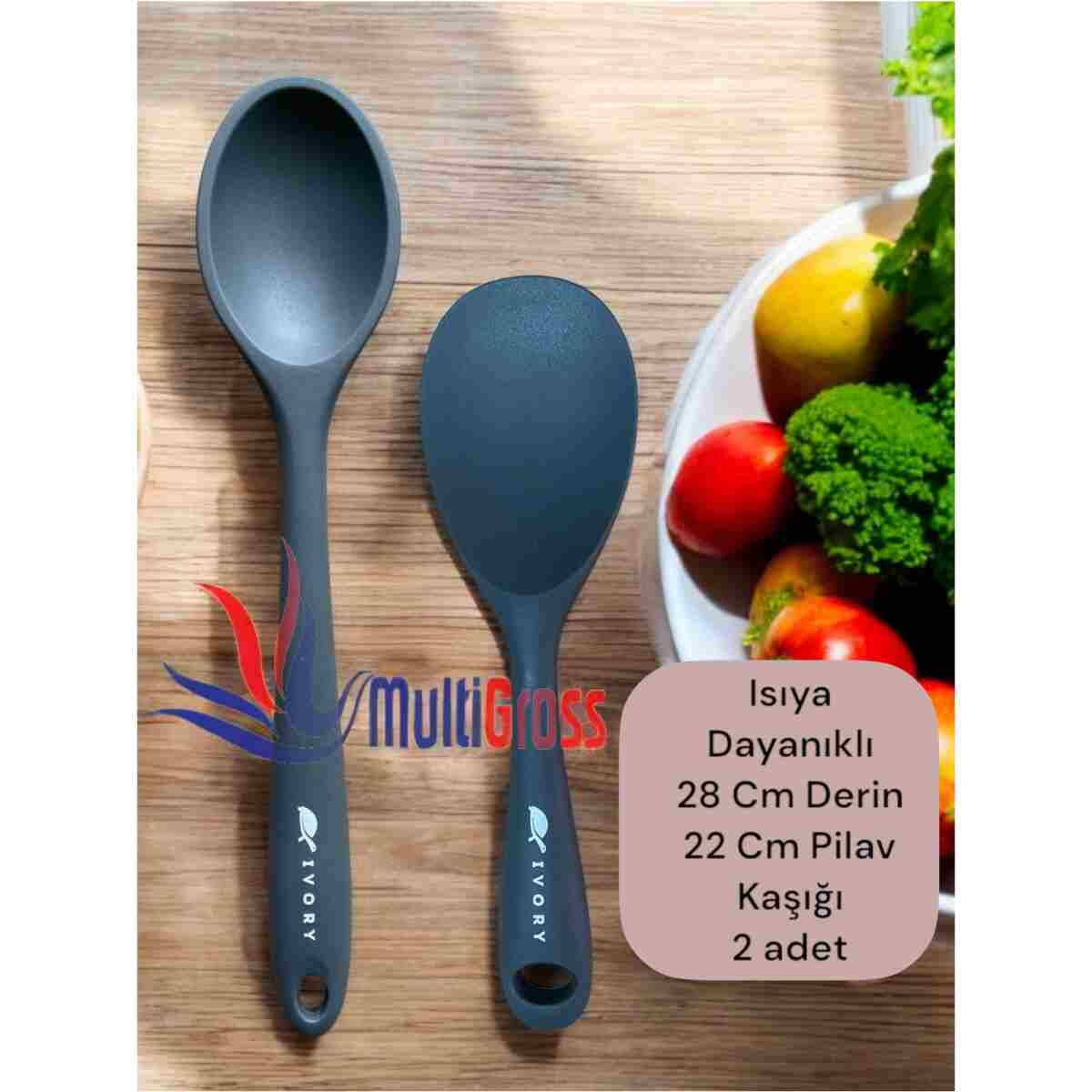 Multiamo İvory Sert Uçlu Isıya Dayanıklı Yanmaz Yapışmaz Silikon Uzun Kaşık 28 Cm + Kısa Kaşık 22 Cm / 2 Adet - Görsel 5