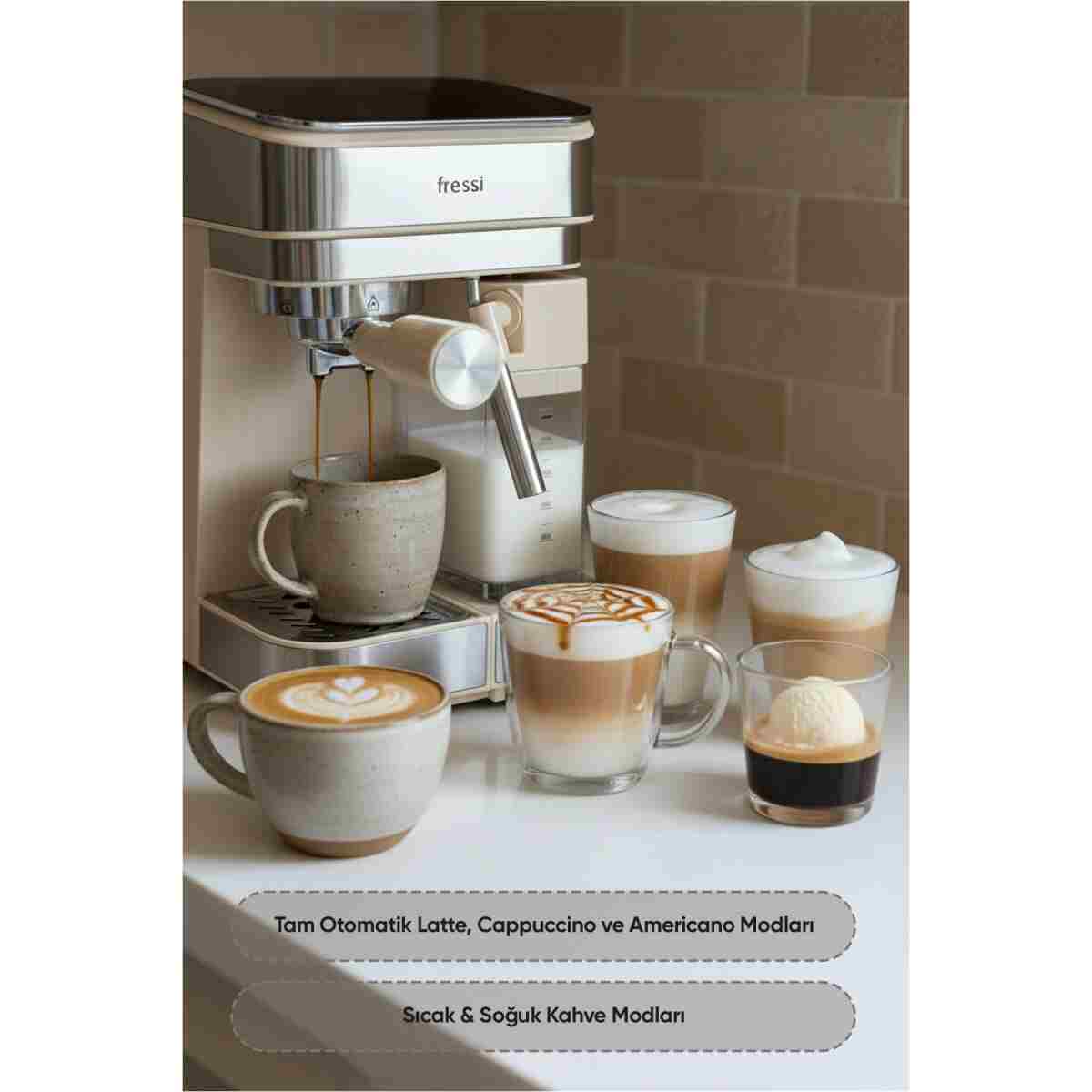 Fressi Espresso Latte Cappuccino Kahve Makinesi Otomatik Süt Tanklı 20bar Basınçlı Lavante Krem - Görsel 10