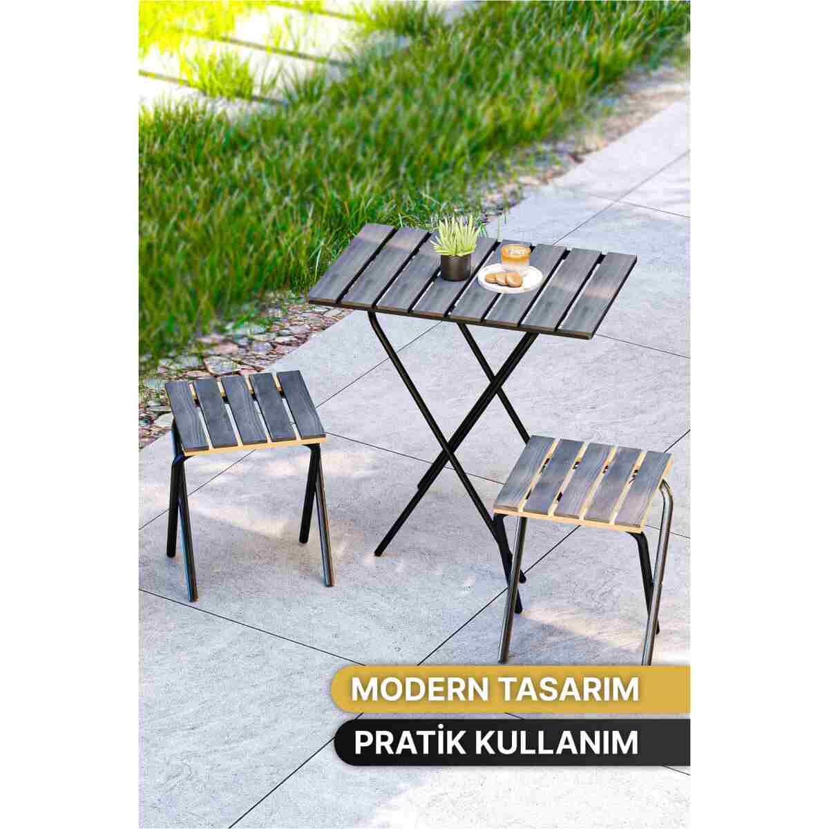 Bino Bahçe Masası Kamp Masası Yükseklik Ayarlı Masa Sandalye Bistro FÜME Kamp Masası Taburesi 3'lü Set - Görsel 4