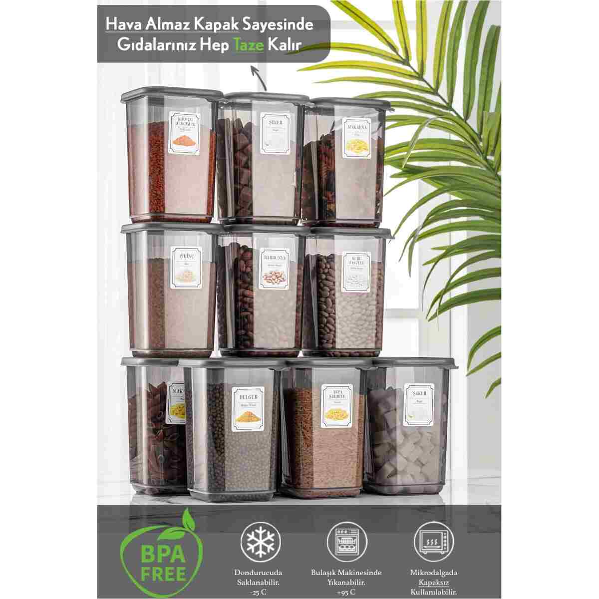 Meleni Home 12'li Set Pino Etiketli Büyük Boy Kare Erzak Saklama Kabı Seti Antrasit 12 X 1.10 Lt - Görsel 7
