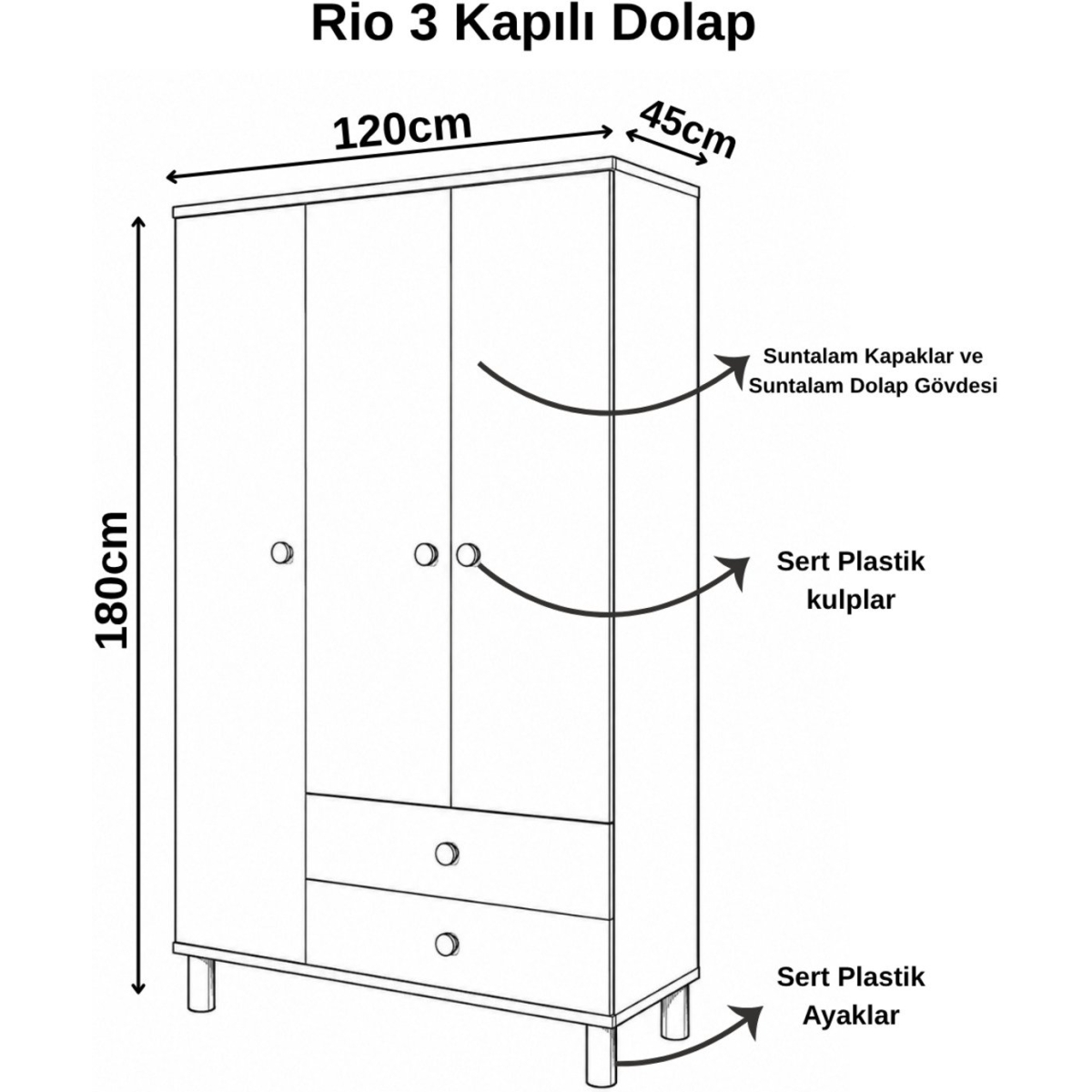 Cozibo Rio 3 Kapılı 2 Çekmeceli Gardrop - Görsel 6