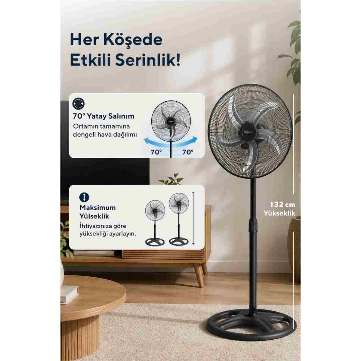 KUMTEL KTF-340 Siyah 18 İnç Sanayi Tipi Vantilatör 3in1 60 W,5 Kanatlı, 3 Kademeli, 132 cm - Görsel 10