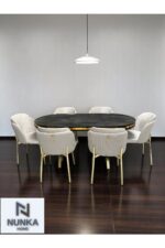 NUNKA HOME Arya Gold Line Serisi Krem Renk +6 Sandalyeli Mdf Lak Panel İroni Masa Takımı - Görsel 2