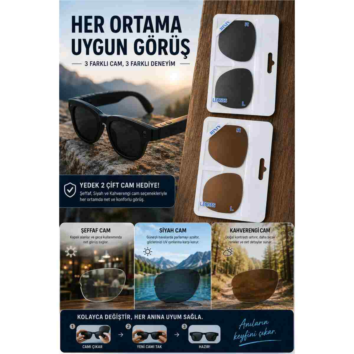 Zineets Ultra HD Eller Serbest Wifi Güneş Gözlük Aksiyon Kamerası Gizli Aİ Destekli Akıllı Gözlük Dİl Çevirici Özellikli - Görsel 8