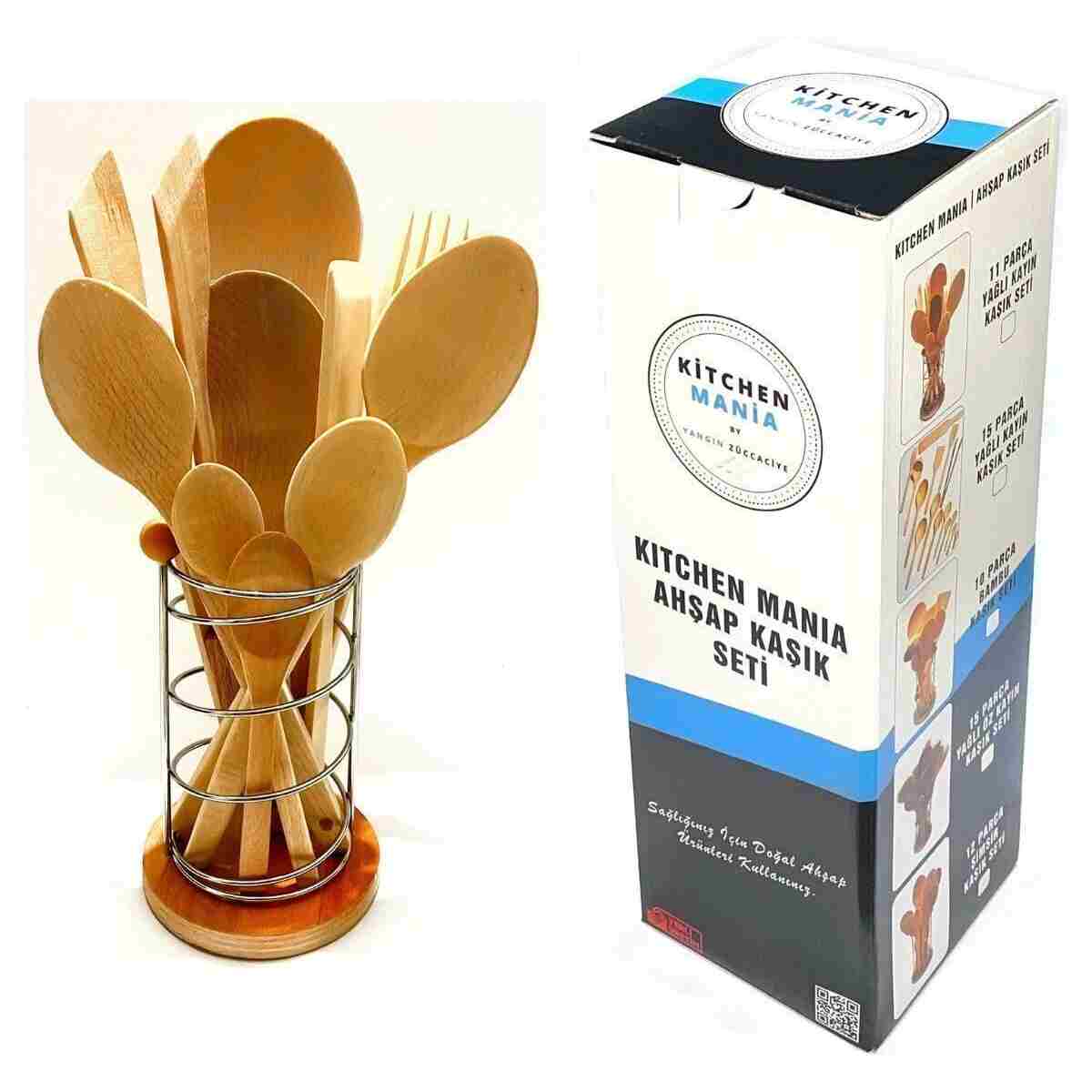 Kitchen Mania 11 Parça Yağlı Kayın Ahşap Kaşık Tahta Spatula Servis Kepçe Ağaç Çatal Maşa Seti-metal Standlı - Görsel 3