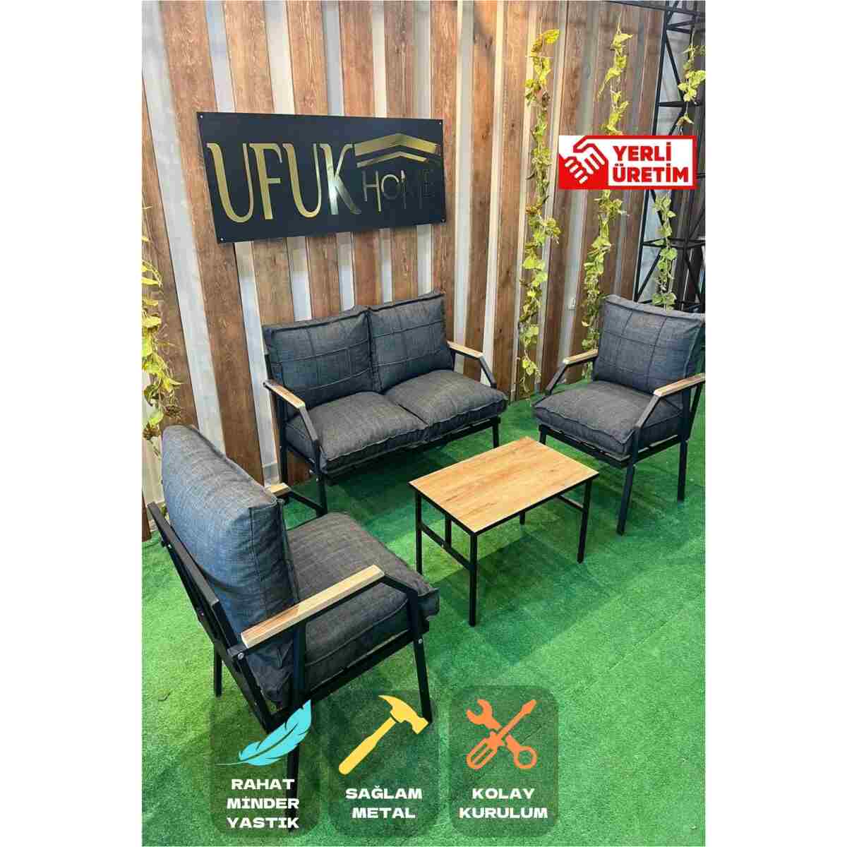 UFUK HOME Sehpalı Gri Fermuarlı Bahçe Balkon Takımı, Cafe, Salon - Metal Kanepe Koltuk Takımı - Görsel 10
