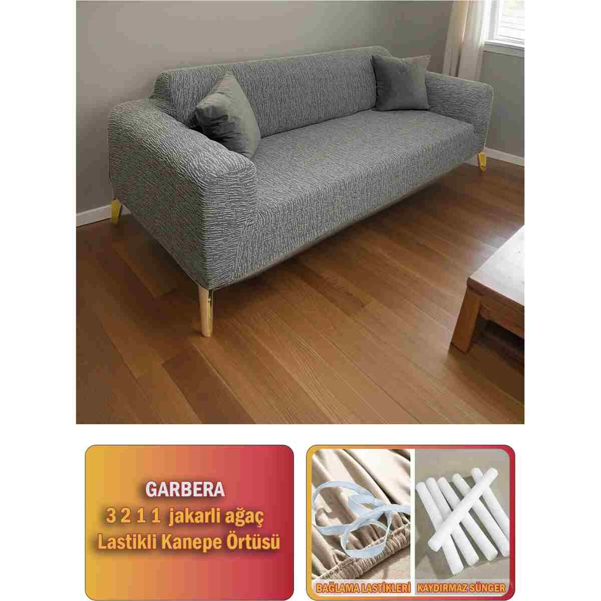 Gerbera Home Collection Jakarlı Ağaç Kabuğu Koltuk Örtüsü Takımı 3+2+1+1 Bej Renk - Görsel 7
