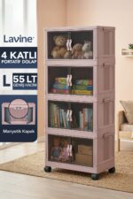 Lavine ”LARGE” 4 Katlı Portatif Organizer Tekerlekli Dolap Çok Amaçlı Mıknatıs Kapaklı Katlanır - TOPRAK - Görsel 11